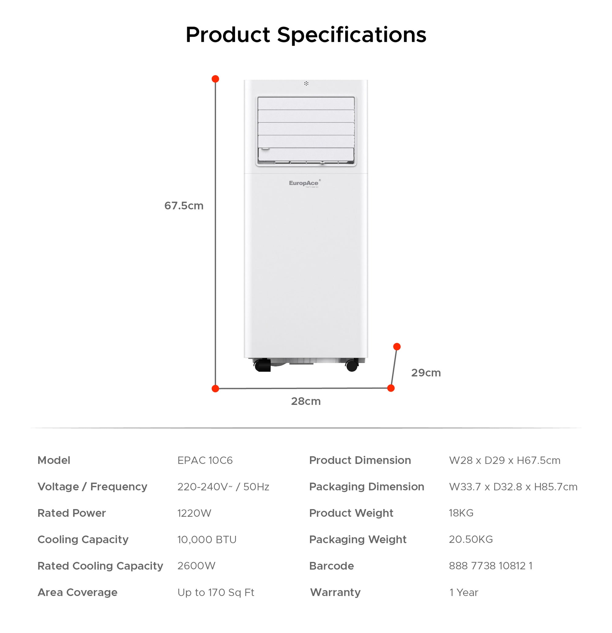 10,000 BTU Smart Compact Portable Air Con | Silver Ion Air Purification, 170sqft, Easy Installation