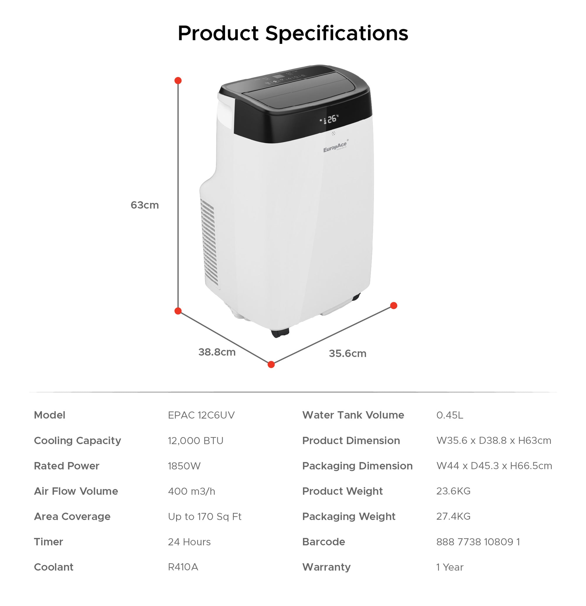 12,000 BTU Purifying Portable Air Con | UV Air Purification, Front LED Display, 210sqft