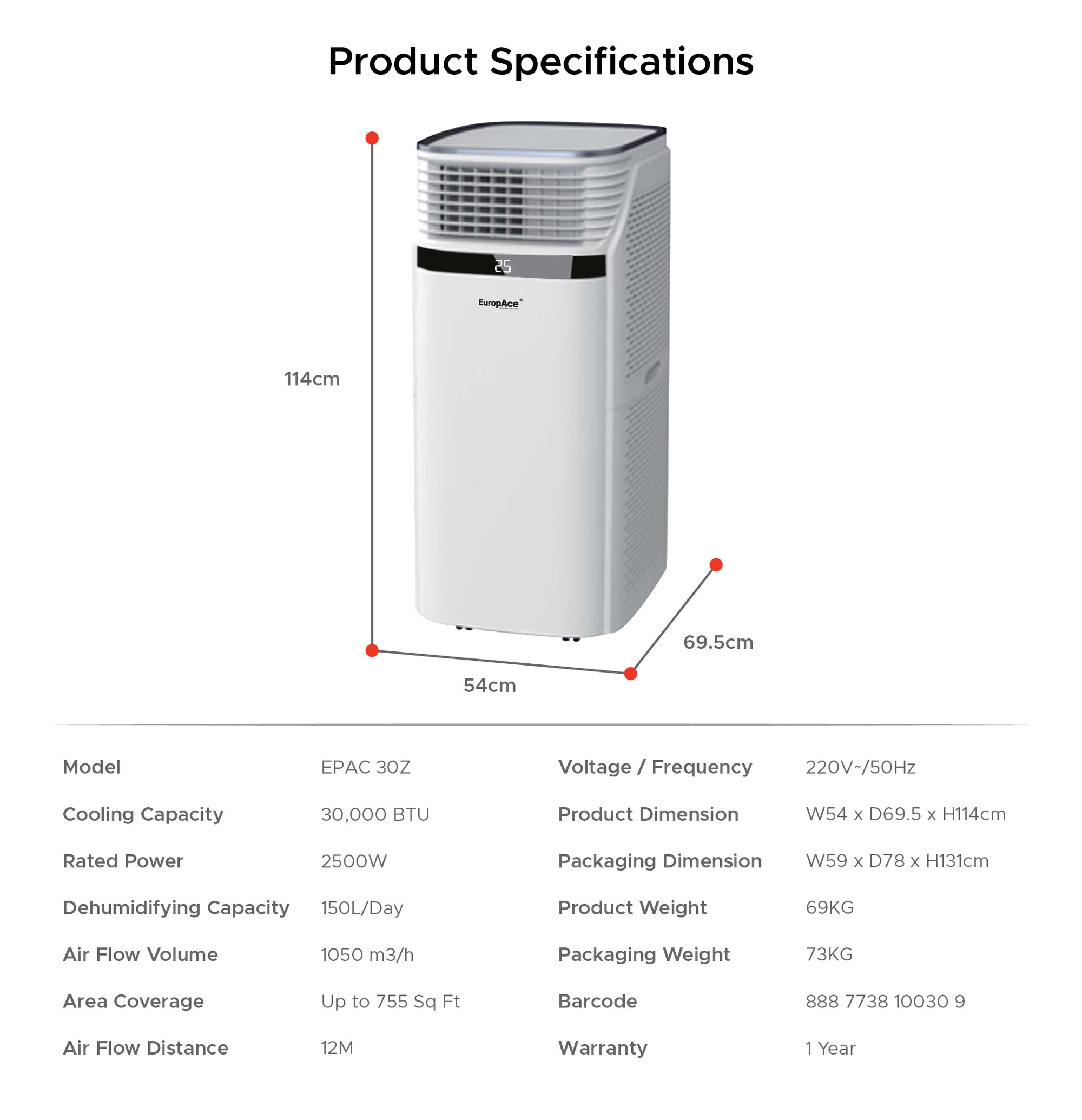 30,000 BTU Portable Air Con | Commercial Grade Cooling Power, 755sqft