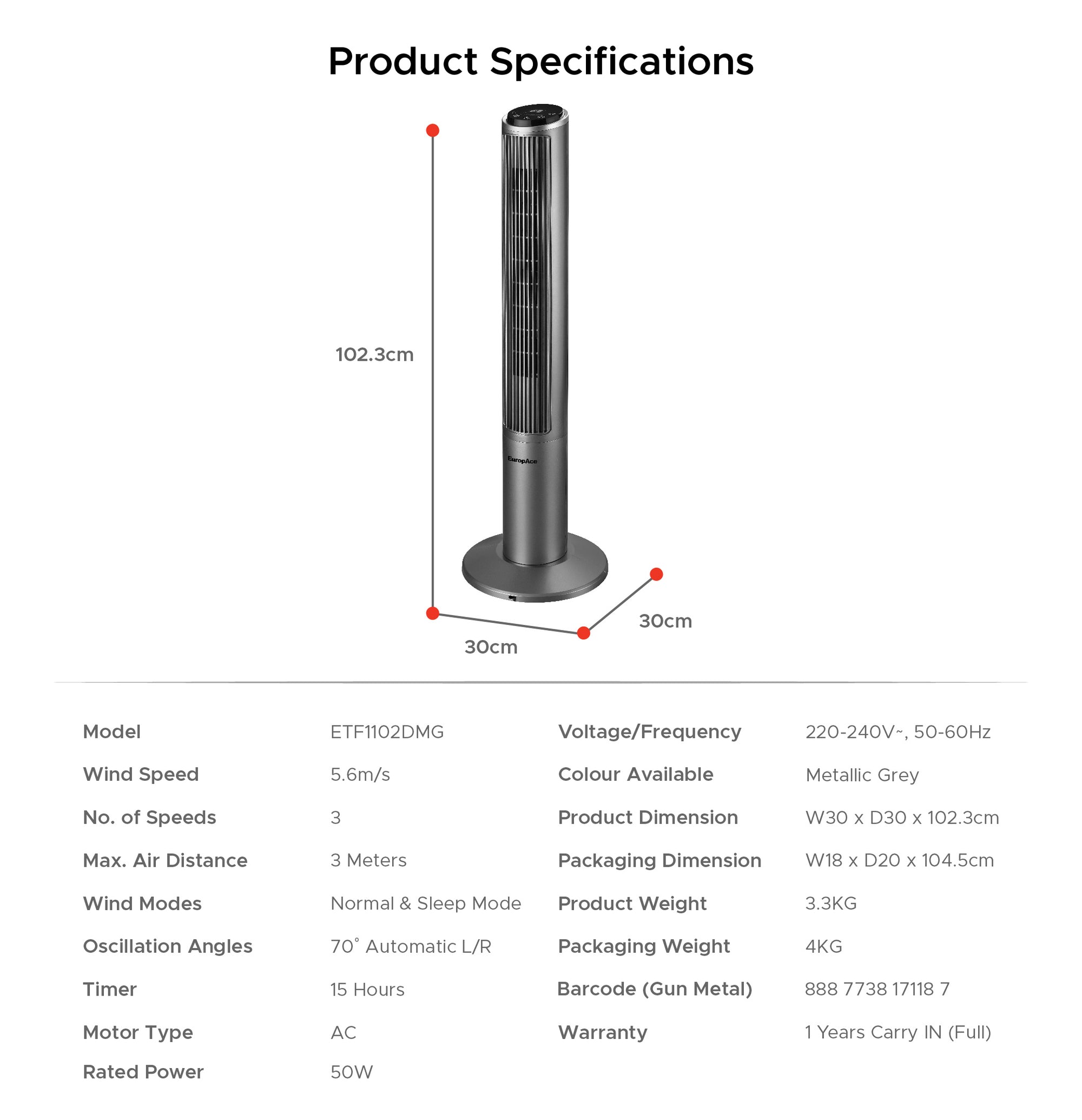 40&quot; Tower Fan | Touch Control | Sleek Design | ETF1102D