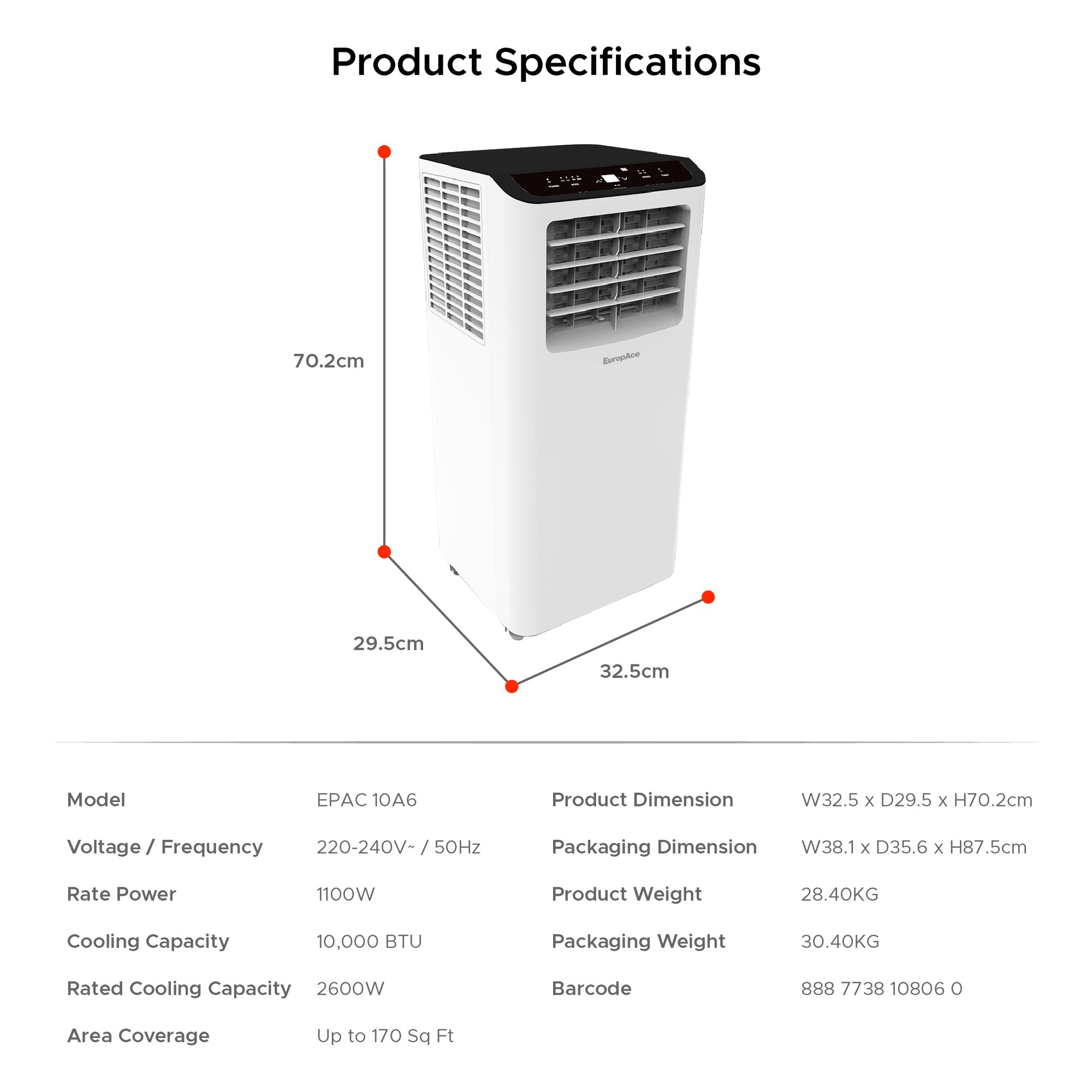 10,000 BTU Compact Portable Air Con | 170sqft Coverage, Easy Installation